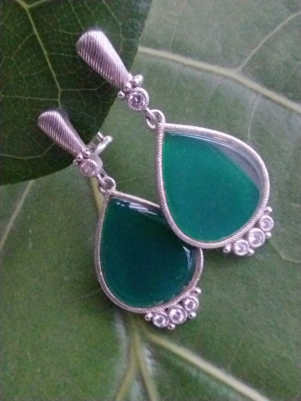 Judith Ripka 925 Sterling CZ & Green Chalcedony Teardrop Chandelier Earrings